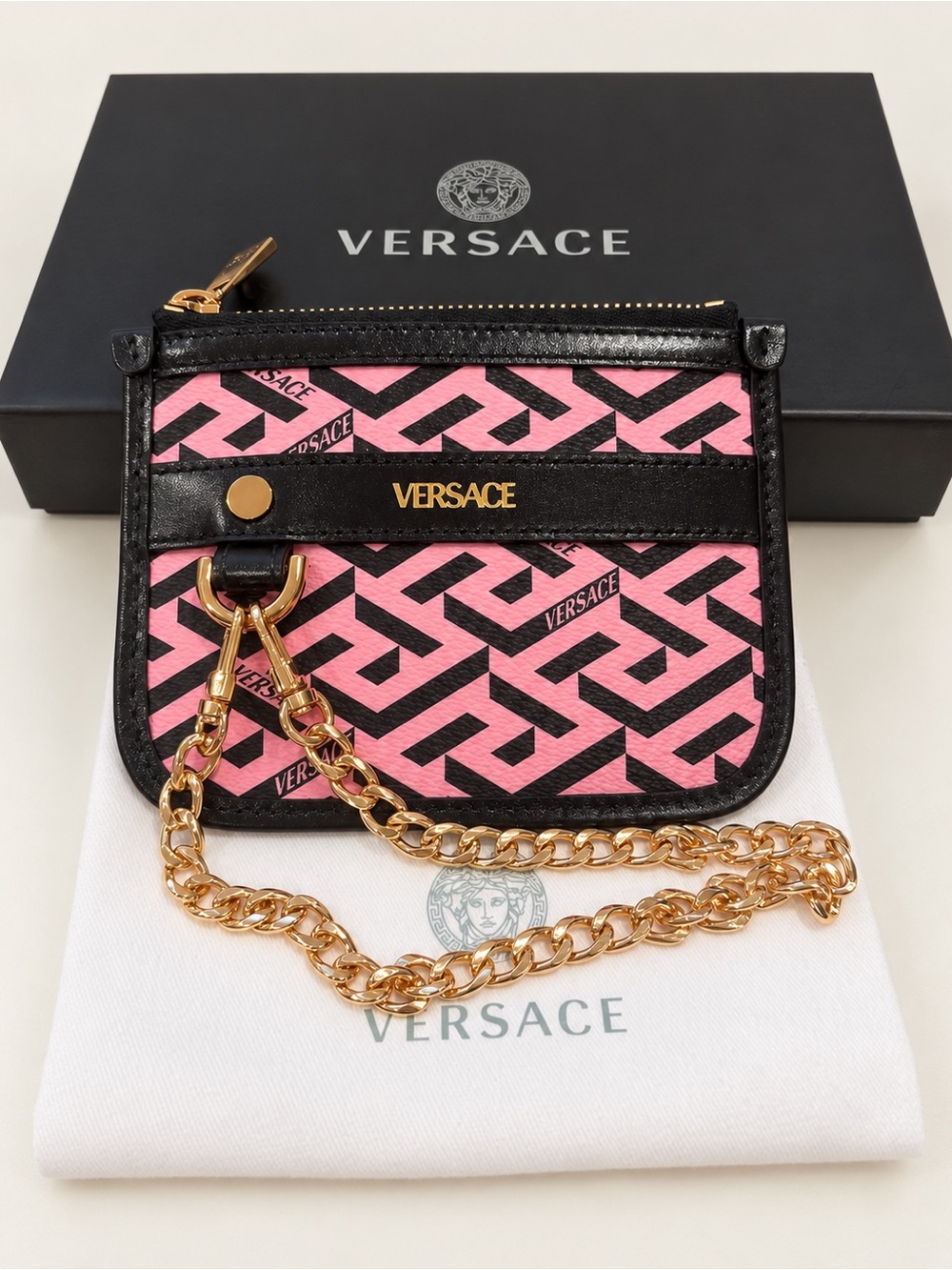 Versace Pink Black La Greca Chain Pouch Cardholder Wallet w/ Box Dust Bag w/chip